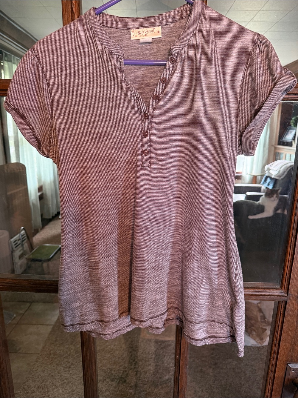 Self Esteem Womens Burgundy Striped Short Sleeve Henley Top Large Y2K Layering